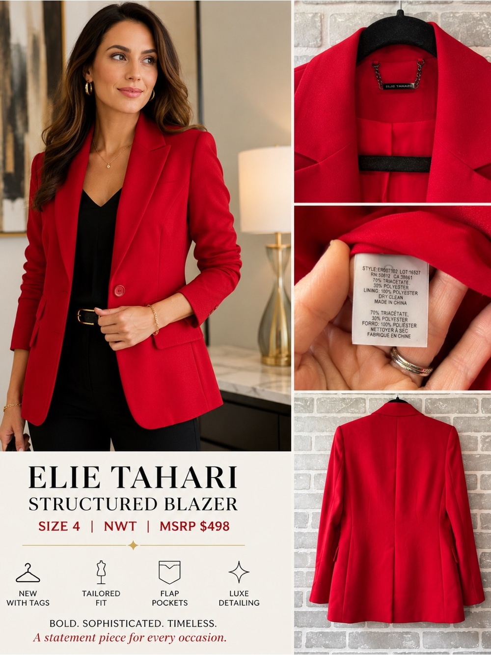 NWT Elie Tahari Red Structured Blazer Size 4 Designer‎ Career Jacket MSRP $498